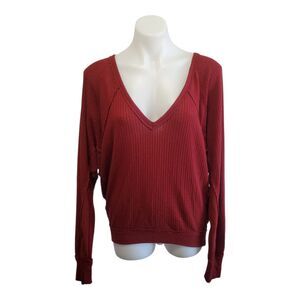 We The Free Waffle Knit Thermal Top XS Red Rust Oversized Vneck Boho Long Sleeve